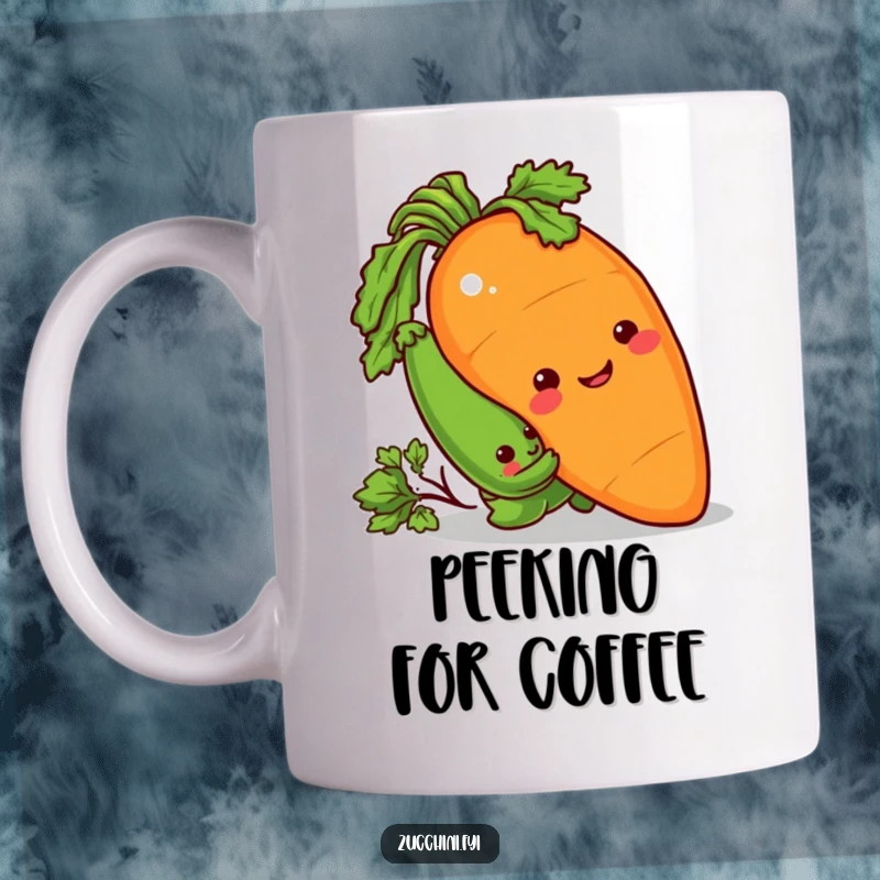 Funny Mug showing a sneaky zucchini peeking from behind a giant, smiling carrot, enjoying a playful prank.