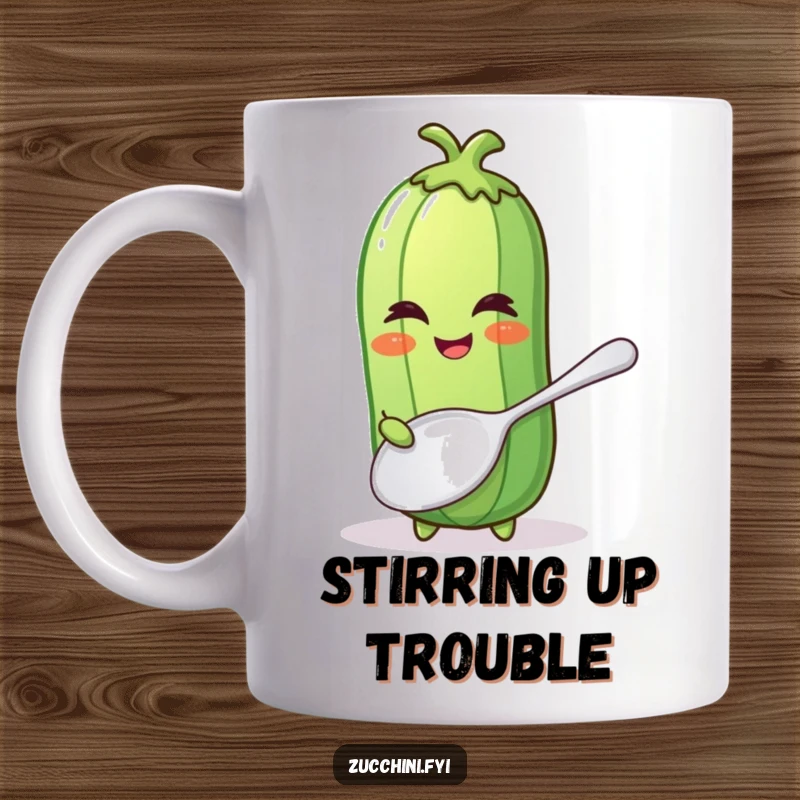 Funny mug featuring a winking zucchini holding a comically large spoon, ready for some hilarious kitchen action.