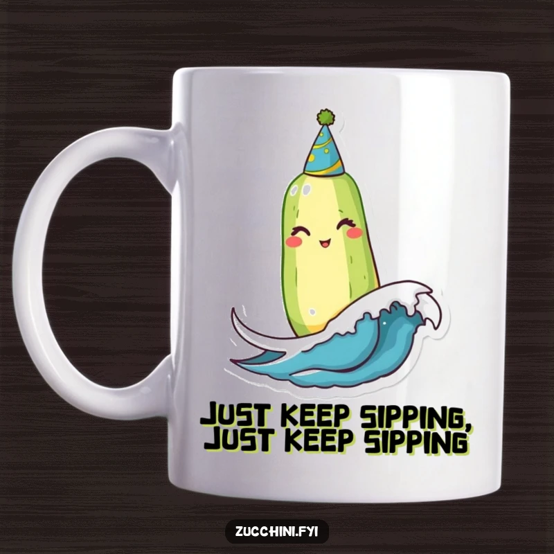 Funny Winking Zucchini Mug: A cheerful, party-hat-wearing zucchini playfully bobs on a miniature wave, radiating pure joy and humor.