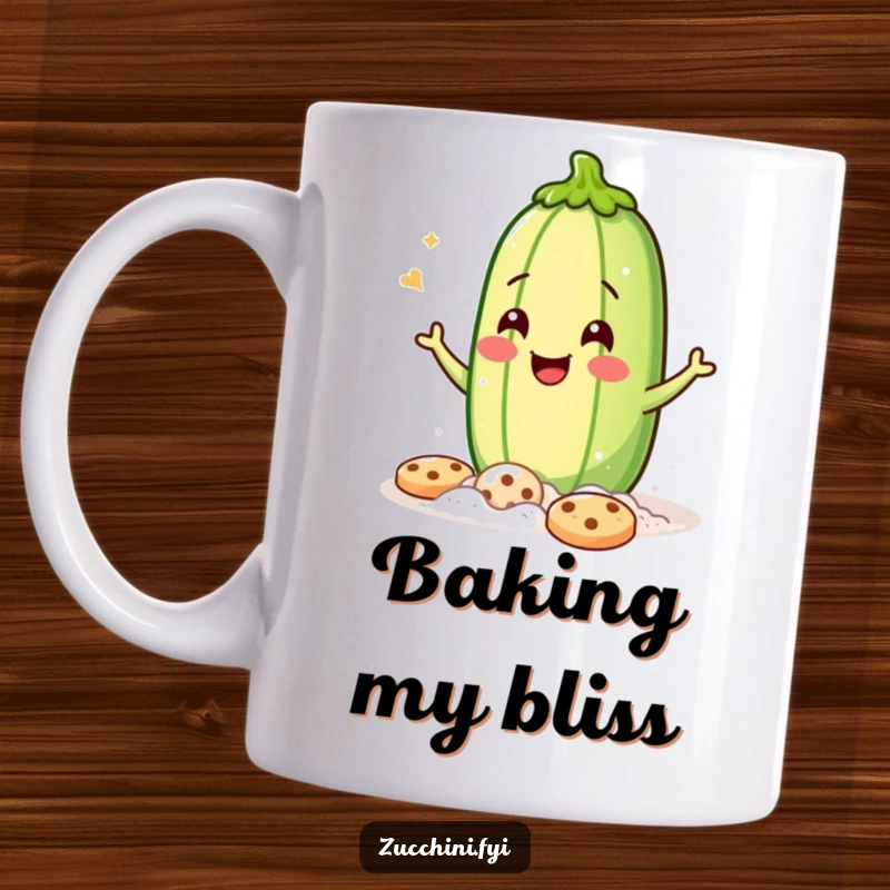 Funny Mug: A jubilant zucchini covered in flour, playfully winking while baking cookies, hilariously charming.