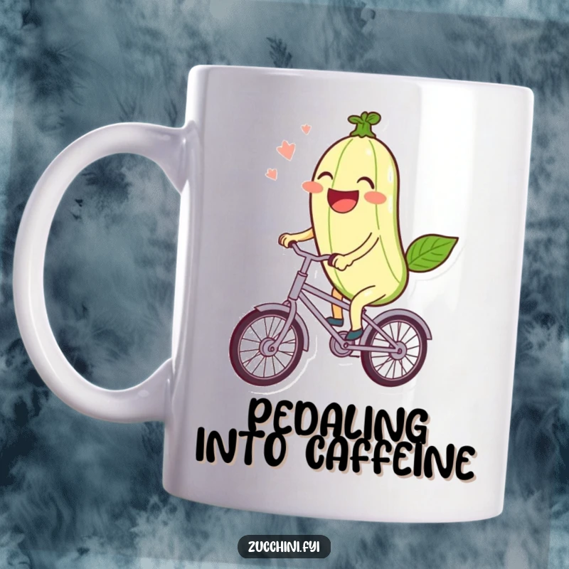 Funny Mug: A laughing kawaii zucchini joyfully rides a miniature bicycle, embodying healthy, happy humor.