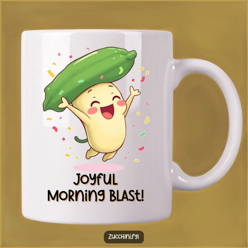 Funny Zucchini Celebration Mug: Joyful Leap & Confetti - Party Gift