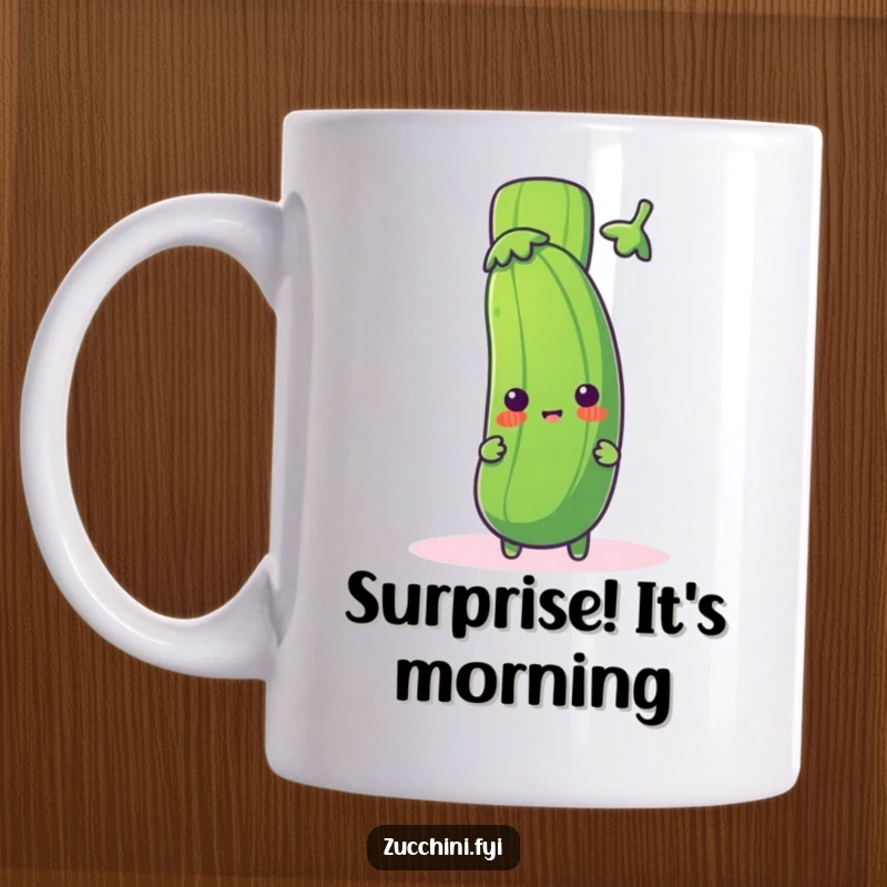 Funny zucchini mug featuring a cute zucchini character playfully peeking from behind a giant, energetic exclamation mark, conveying surprise and humor.