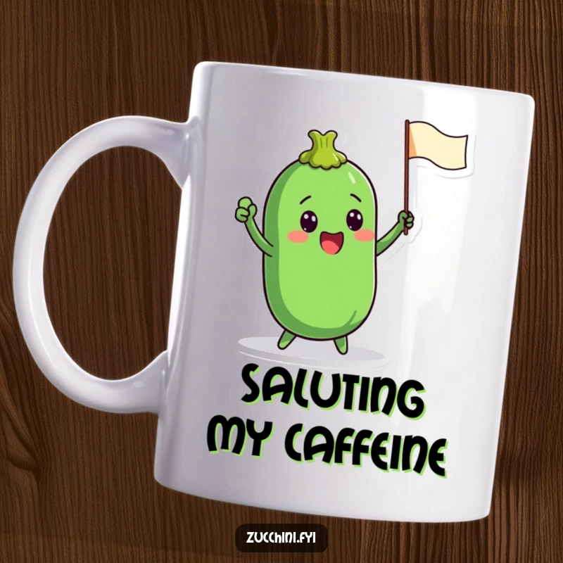 Funny mug with a zucchini character enthusiastically waving a small, colorful flag, symbolizing support, celebration, and cheerful enthusiasm.