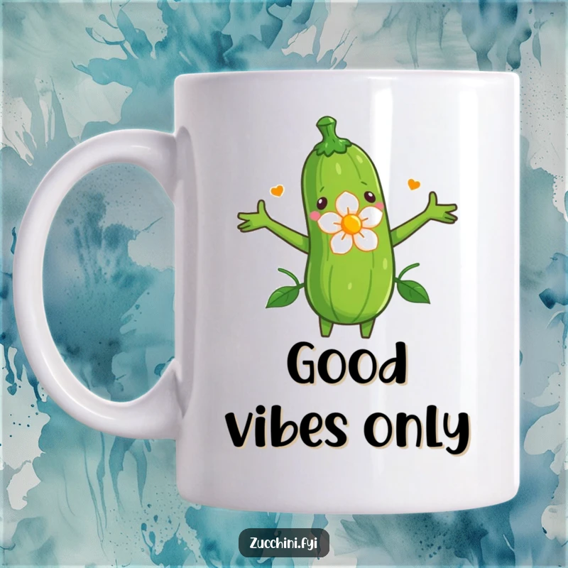 Funny mug showing a zucchini with open arms, affectionately embracing a vibrant blooming flower.
