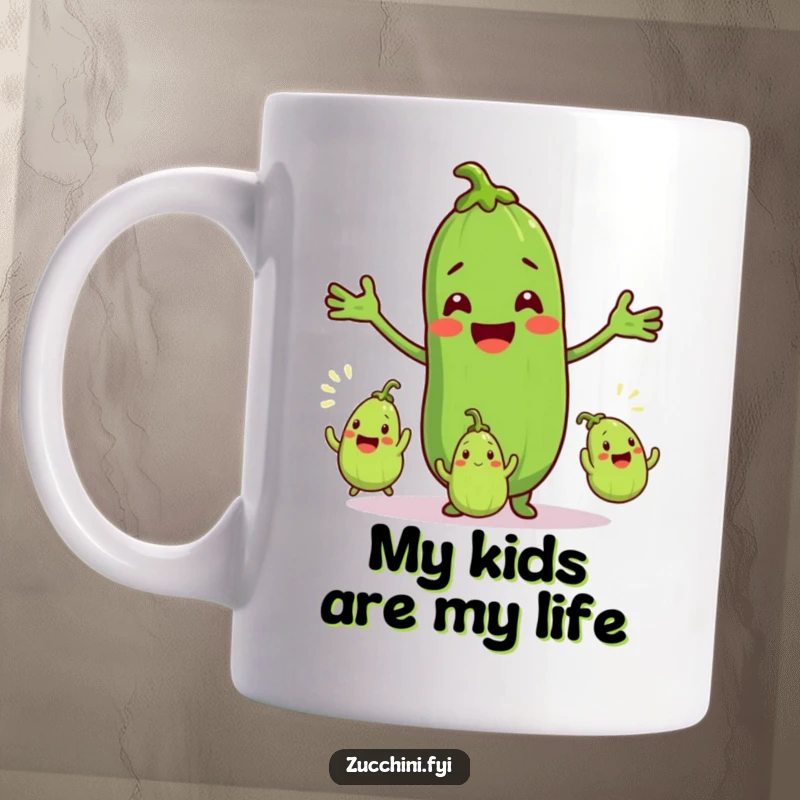 Funny mug featuring a smiling zucchini character expertly juggling three tiny, excited zucchinis, radiating joyful chaos and vegetable delight.