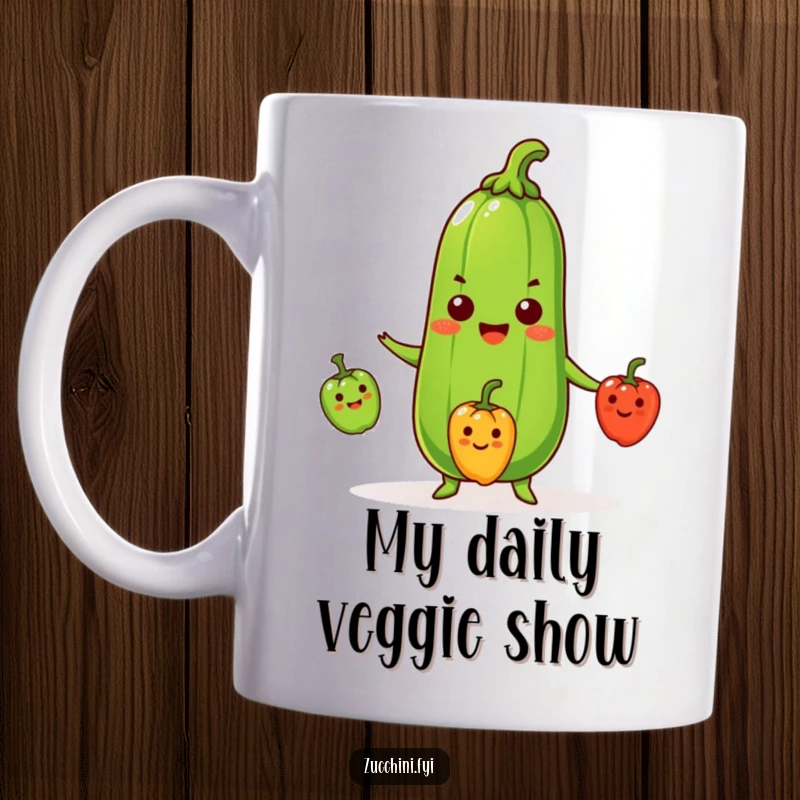 Funny Zucchini Mug showing a happy, beaming zucchini skillfully juggling three small, smiling red, yellow, and green peppers.