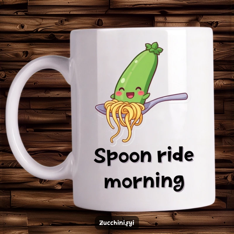 Funny mug showcasing a happy zucchini noodle character in mid-slide down a large spoon, capturing a moment of pure veggie joy.