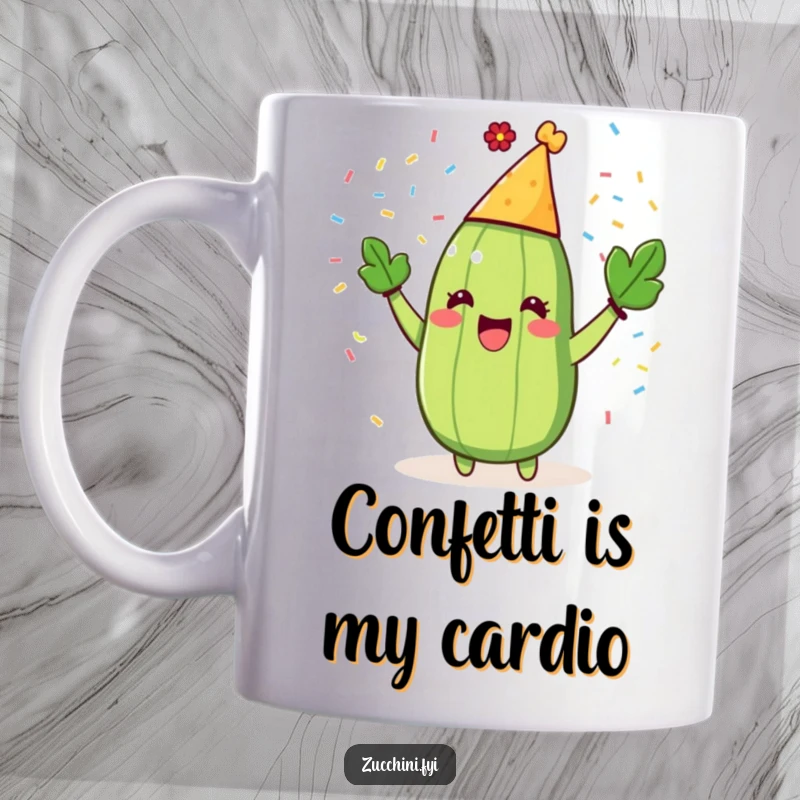 Funny Zucchini Party Mug with confetti flying, wearing a party hat and celebrating with pure, unhinged glee.