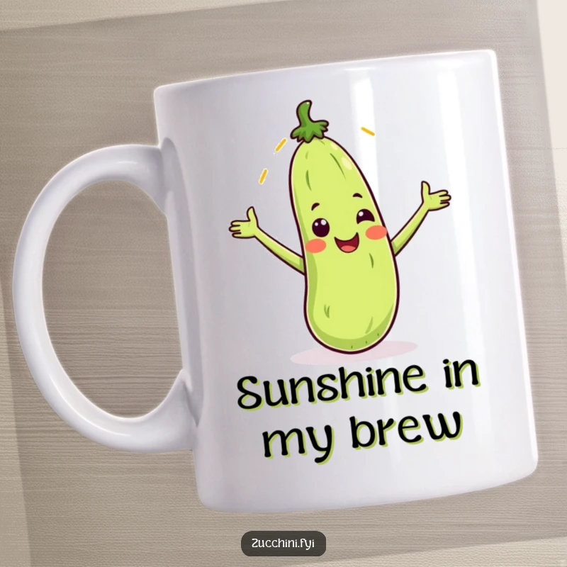 Funny mug featuring a smiling zucchini with arms outstretched, playfully catching a falling cartoon sunbeam.