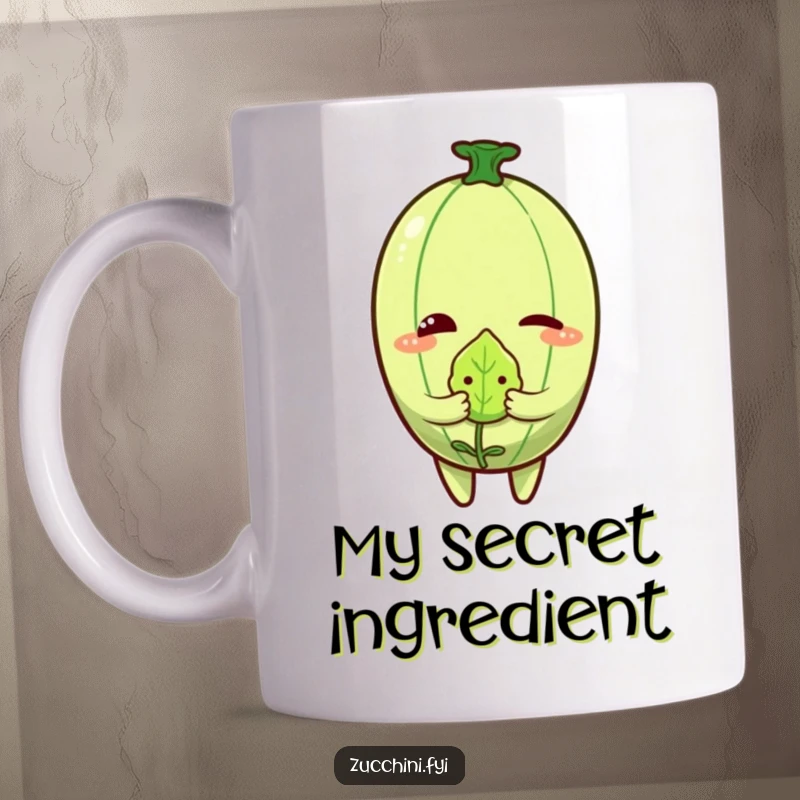Funny Zucchini Wink Mug showing a cheeky character winking while holding a tiny, embarrassed leaf.