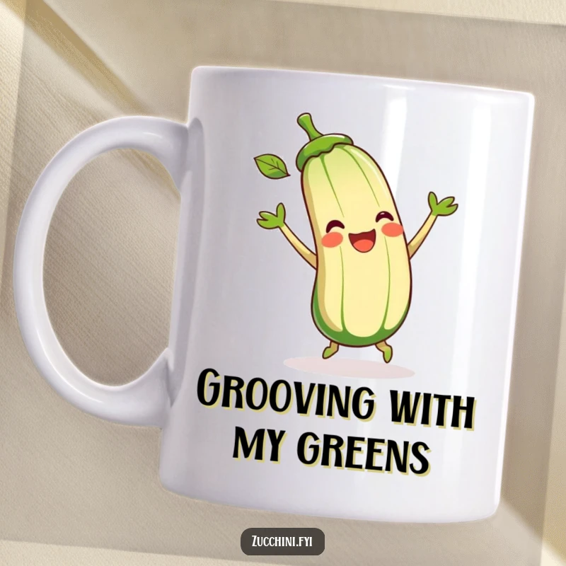 Funny Zucchini Mug showing a beaming zucchini joyfully dancing and wiggling its green leaves with delight and enthusiasm.