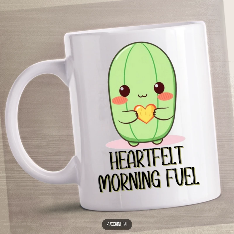 Funny zucchini mug featuring a cute, blushing zucchini character tenderly offering a small, glowing heart, symbolizing sweet love and humor.