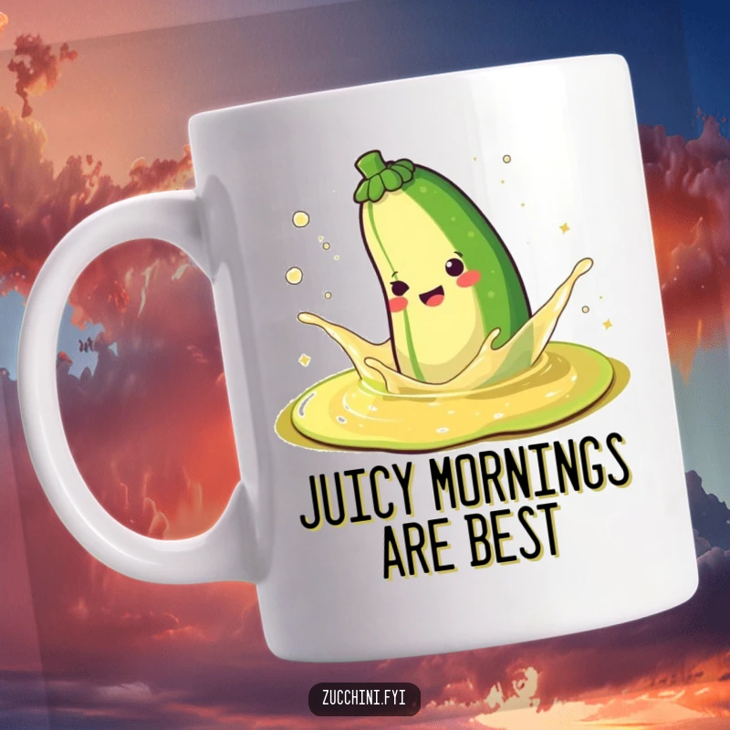 Funny mug showcasing a happy zucchini gleefully splashing in a puddle of sparkling juice, pure vegetable bliss.