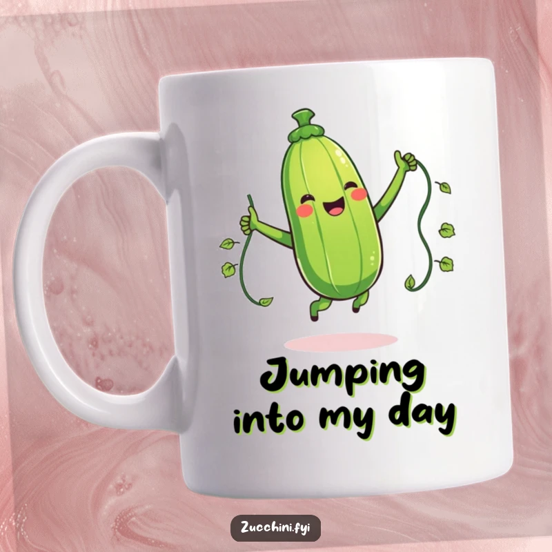 Funny mug with a giggling zucchini character energetically jumping rope with a vine, embodying fitness and vegetable whimsy.