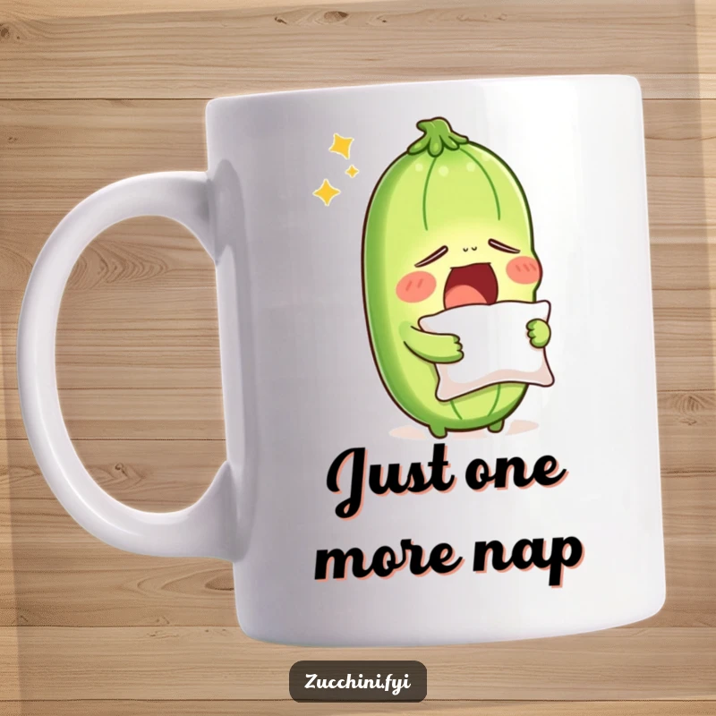Funny sleepy zucchini yawning widely, clutching a small pillow, on a coffee mug, conveying extreme tiredness with a comical expression.