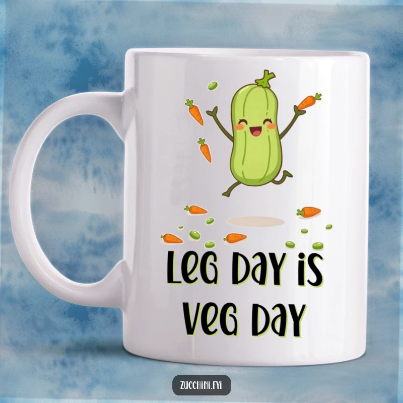 Funny zucchini with tiny legs joyfully jumps while juggling miniature carrots and peas, a whimsical mug.