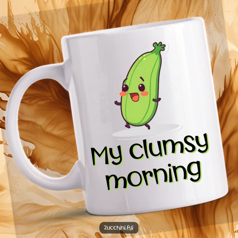 Funny mug featuring a long, wobbly zucchini character tripping over its own feet with a surprised, comical grin.