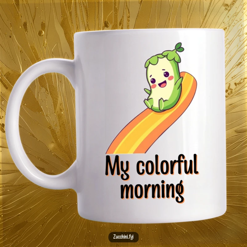 Funny mug with a zucchini character joyfully sliding down a vibrant rainbow, conveying happiness, dreams, and a sense of whimsical adventure.