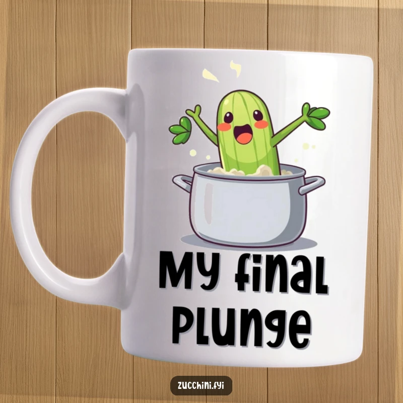 Funny zucchini mug art: a vibrant, steaming vegetable leaping joyfully into a pot with a dramatic splash, conveying pure excitement.