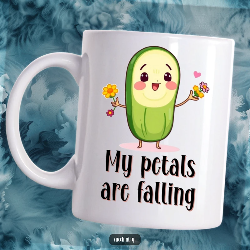 Funny mug featuring a delighted zucchini slice character expertly juggling colorful edible flowers, a whimsical and humorous kitchen accessory.