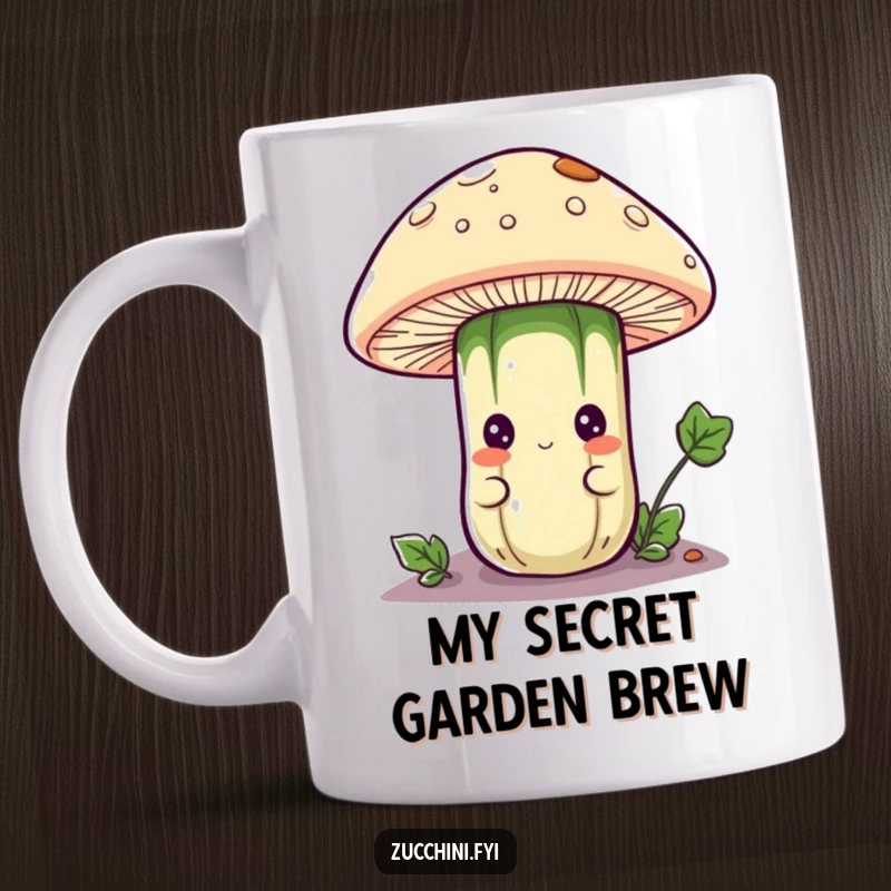 Funny mug featuring a curious anthropomorphic zucchini character peeking out playfully from beneath a large, detailed mushroom cap, hinting at hidden garden adventures.