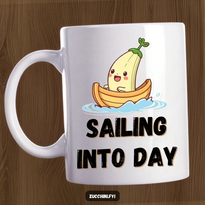 Funny mug depicting a jubilant zucchini boat character cheerfully sailing on a small splash of water, a whimsical nautical scene.