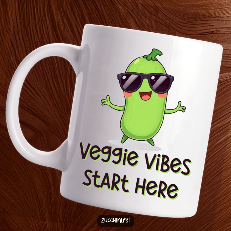 Funny Zucchini Mug: A smiling zucchini wearing cool sunglasses busts a move with a silly dance.