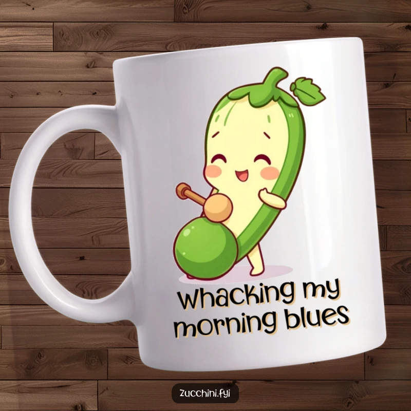 Funny Zucchini Mallet Mug showing a veggie character playfully bopping a miniature zucchini with a tiny mallet.