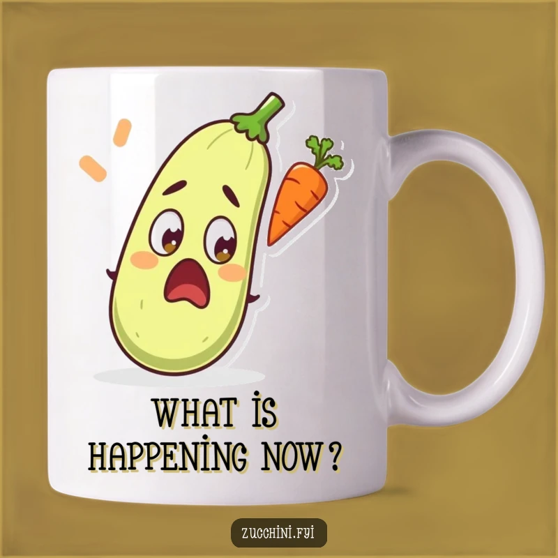 Funny Surprised Zucchini Mug: Eyes Wide, Flying Carrot - Perfect Funny Gift