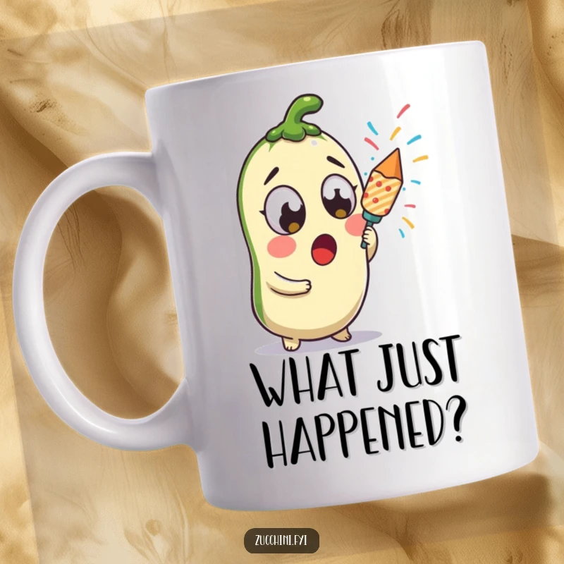 Funny surprised kawaii zucchini with wide eyes, holding a confetti popper, ready for a festive explosion.