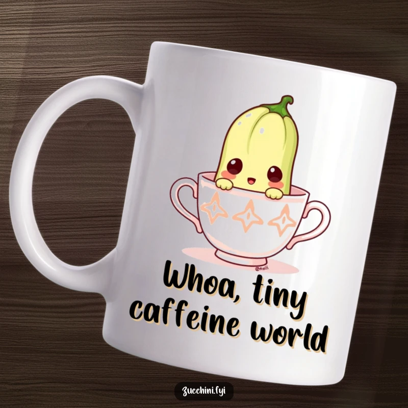 Funny mug featuring a shocked zucchini peeking out from a miniature teacup with wide eyes.