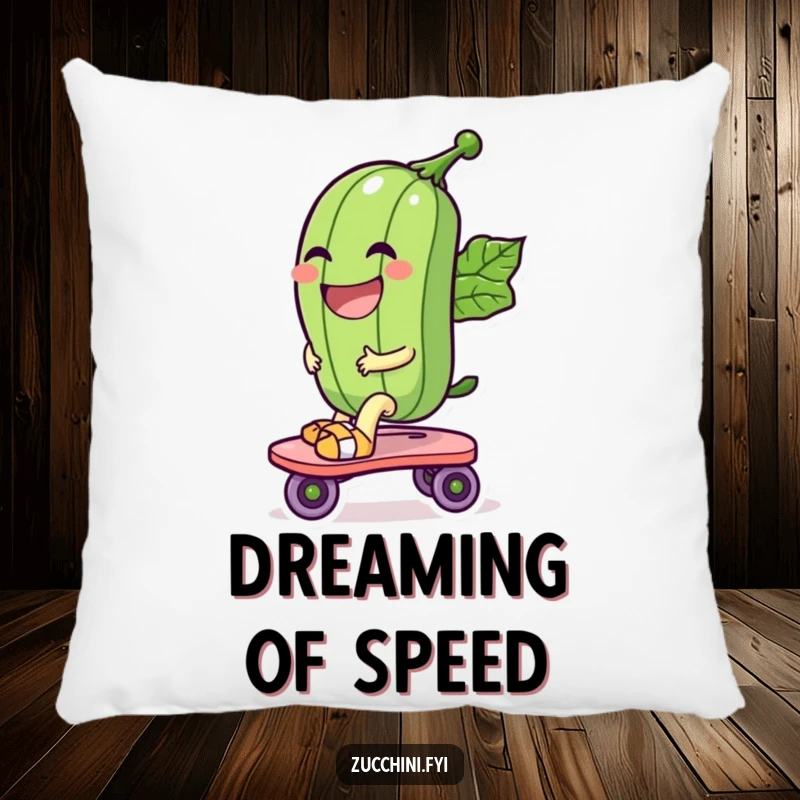 Funny pillow with a laughing zucchini character riding a leaf roller skate, offering comfort and a dose of vegetable-themed amusement.