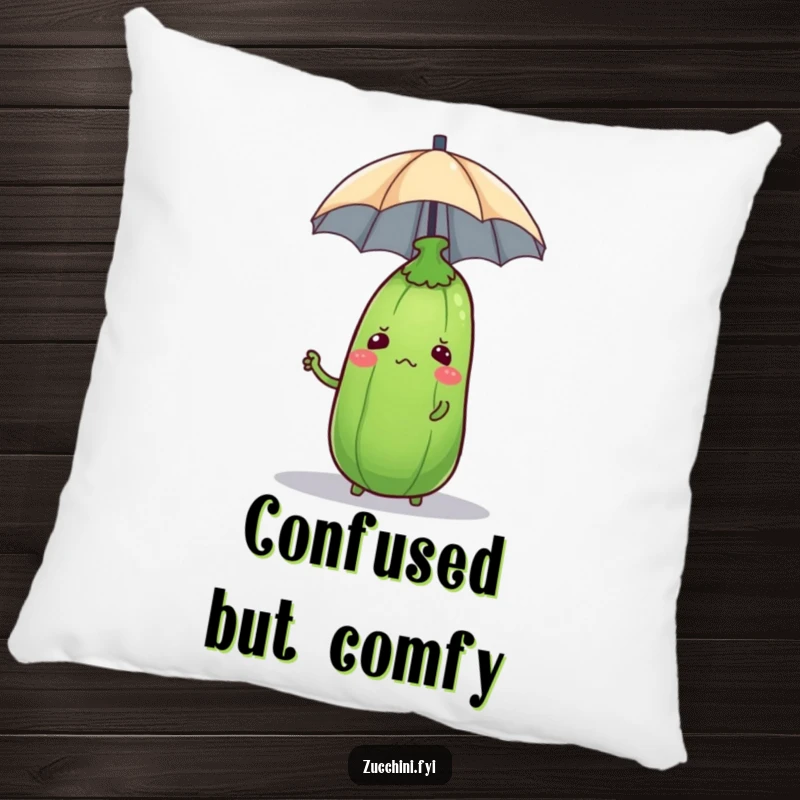 Soft pillow showcasing a confused zucchini balancing a small umbrella, perfect for adding humor to home decor.