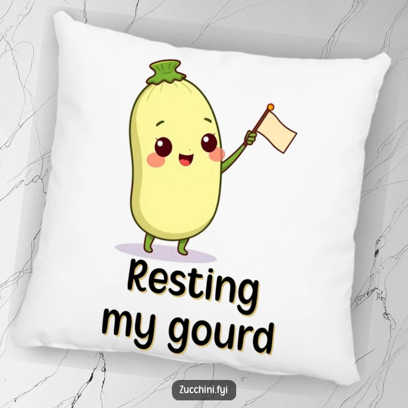 Funny pillow with a cute anthropomorphic zucchini character waving a small petal flag, providing comfort and a cheerful, whimsical accent to any seating area.