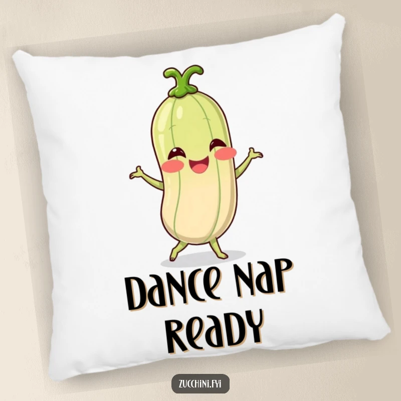 Funny pillow designed with a giggling spiralized zucchini character joyfully dancing, offering comfort and a touch of whimsical fun.