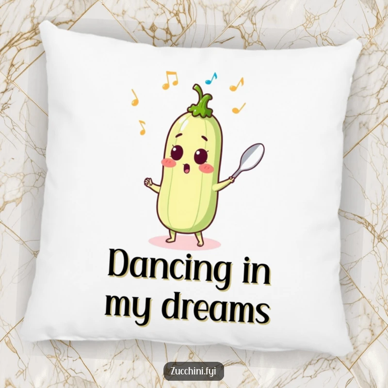 Surprised zucchini sprouting musical notes while dancing with a spoon, a soft and musical pillow.