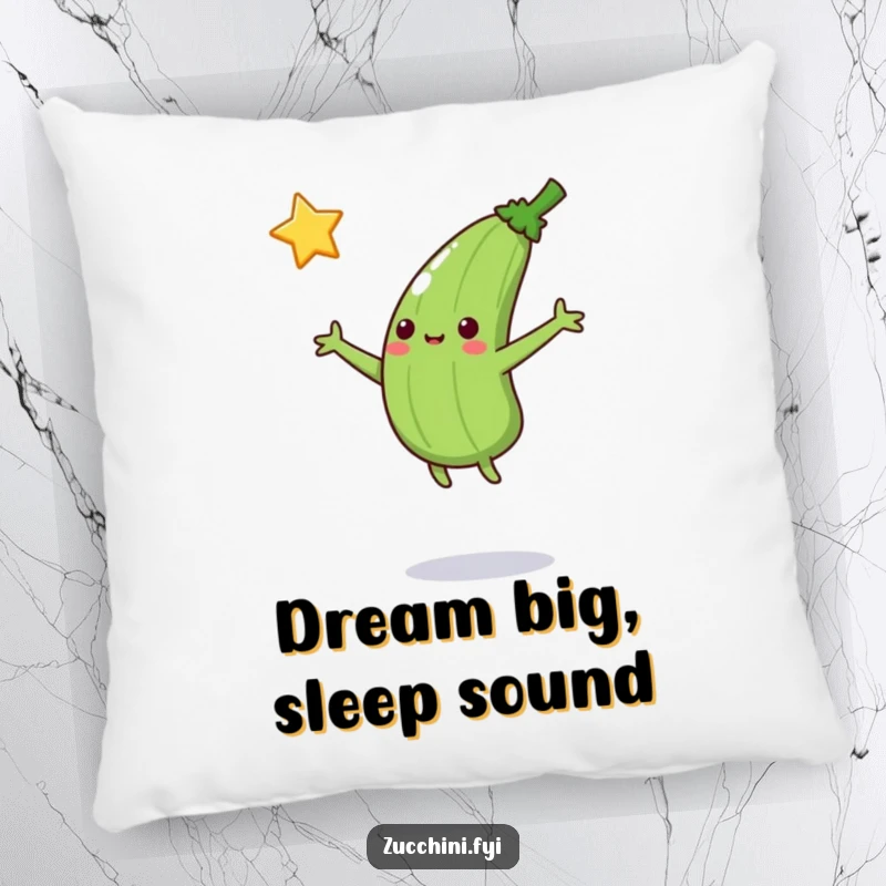 Funny Jumping Zucchini Pillow: A soft pillow featuring a jumping zucchini catching a falling star, providing humorous comfort for starry-eyed dreamers.