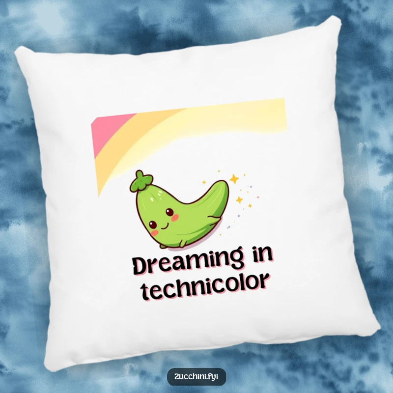 Funny pillow showcasing a zucchini character riding a rainbow slide, leaving a trail of sparkles, offering comfort and a touch of humor.