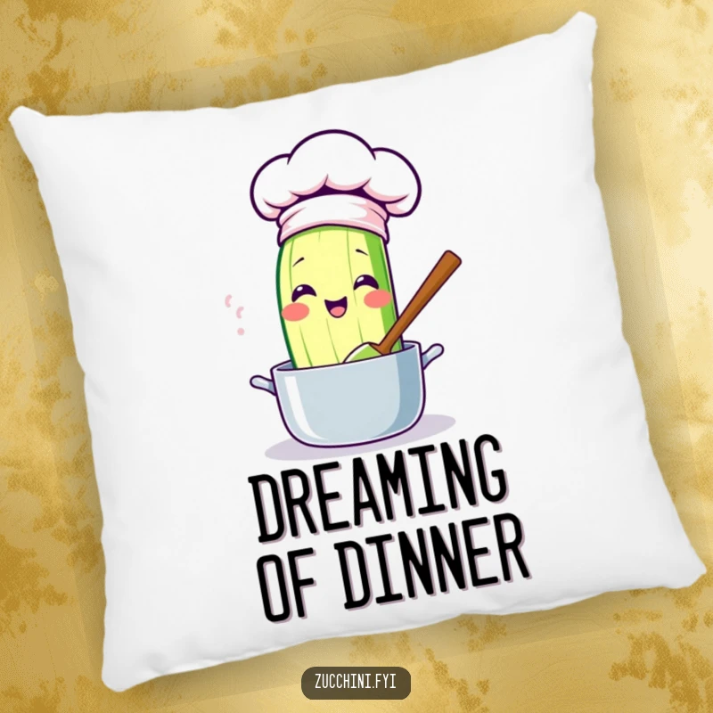 Funny kawaii zucchini pillow, soft and plush, showing a cute chef zucchini stirring a pot, adding a funny, culinary touch to any couch.