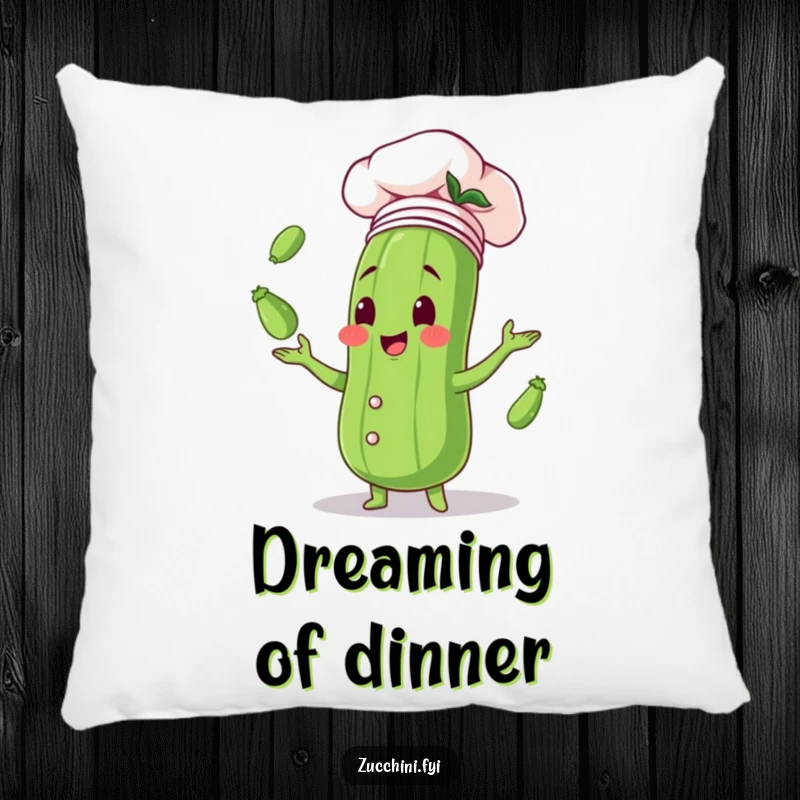 Funny pillow illustrating a zucchini in a chef hat, joyfully juggling baby zucchinis, offering comfort and a touch of culinary humor.