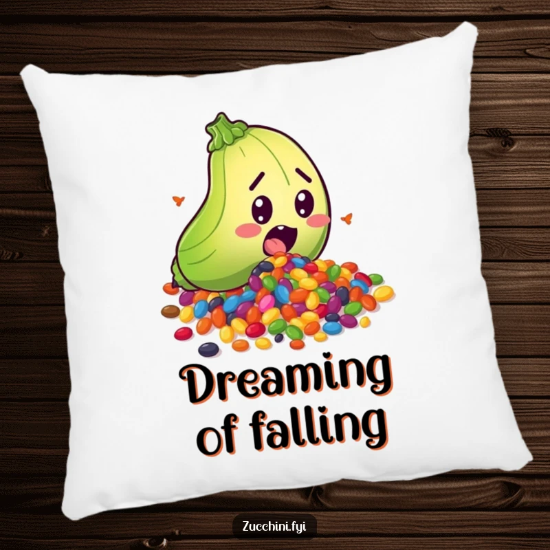 Funny pillow with a surprised zucchini character spilling a rainbow of colorful seeds, offering comfort and a dose of vegetable-themed amusement.