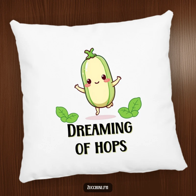 Funny kawaii zucchini hopping happily on one foot, a cute and comforting design on a soft pillow.