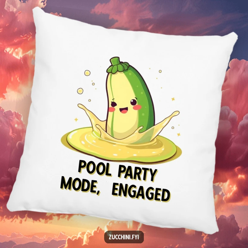 Funny pillow featuring a happy zucchini splashing in a puddle of sparkling juice, bringing a sense of cheerful comfort.