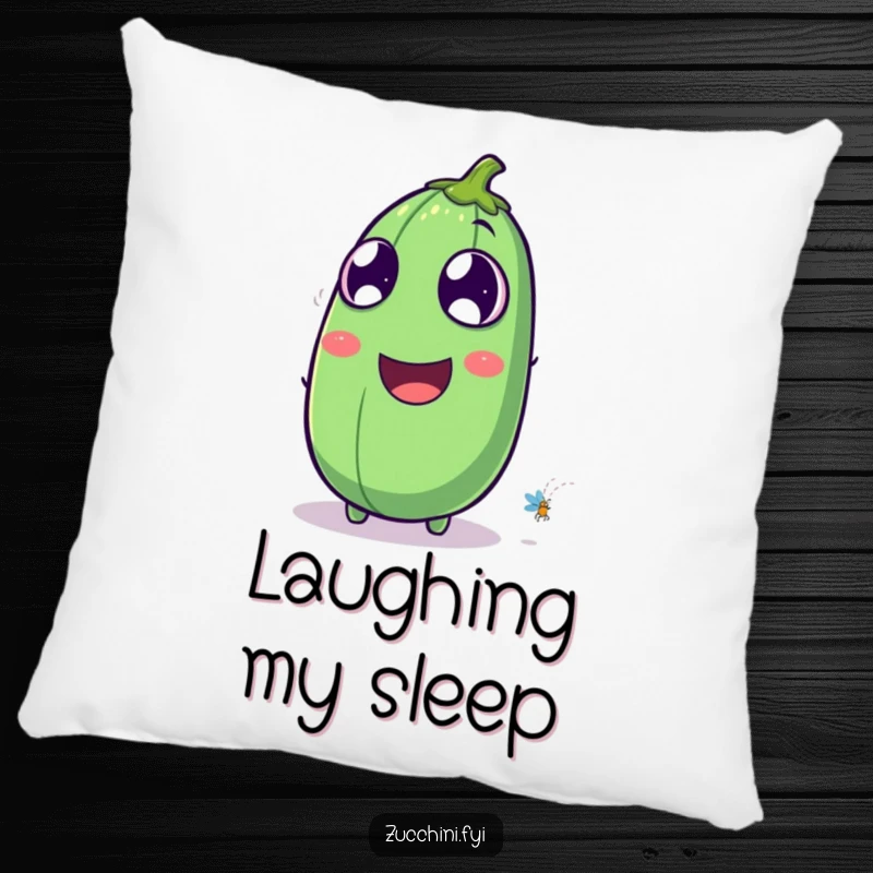Funny laughing zucchini pillow featuring a zucchini with exaggerated eyes watching a firefly, offering comfort and a touch of humorous nighttime magic.