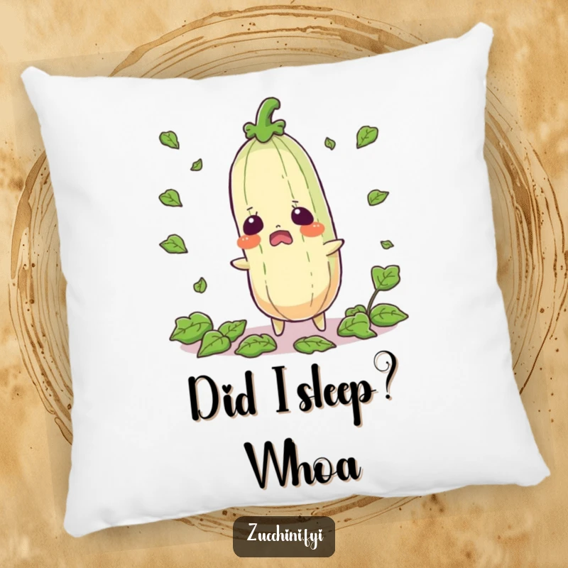 Funny startled zucchini pillow featuring a shocked vegetable with leaves scattering, a soft and humorous decor item.