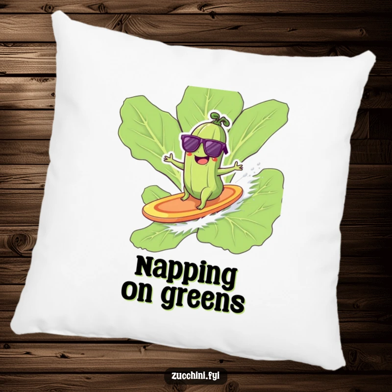 Funny zucchini with sunglasses surfing on a lettuce leaf, a soft and humorous decorative pillow.