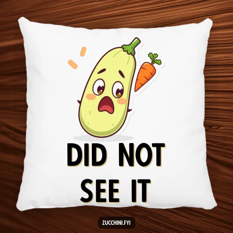 Funny pillow design of a zucchini with wide, surprised eyes looking at a carrot in flight.