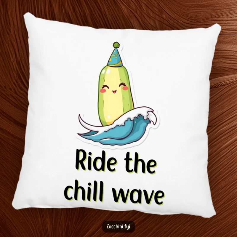 Funny Winking Zucchini Pillow: A soft, plush pillow featuring a winking zucchini in a party hat bobbing on a tiny wave for amusing comfort.