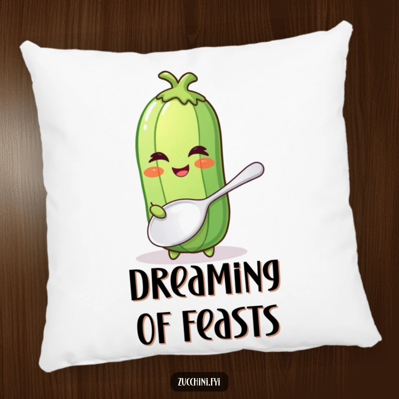 Funny pillow featuring a winking zucchini with a comically large spoon, perfect for adding cozy kitchen humor.